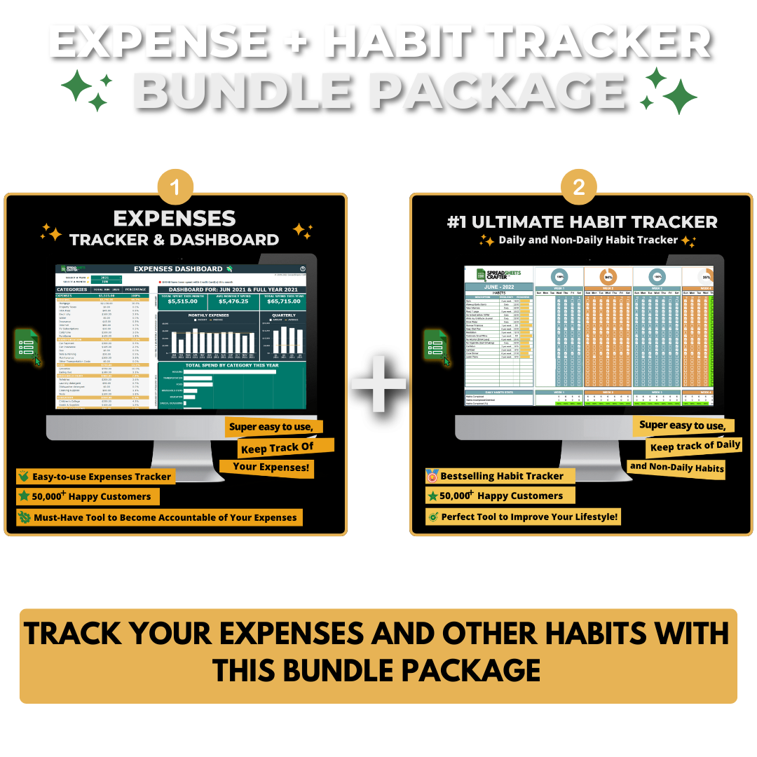 #1 Bundle: Expenses Dashboard + Habit Tracker - Uplift all Aspect of your Life With these Easy to Use Templates