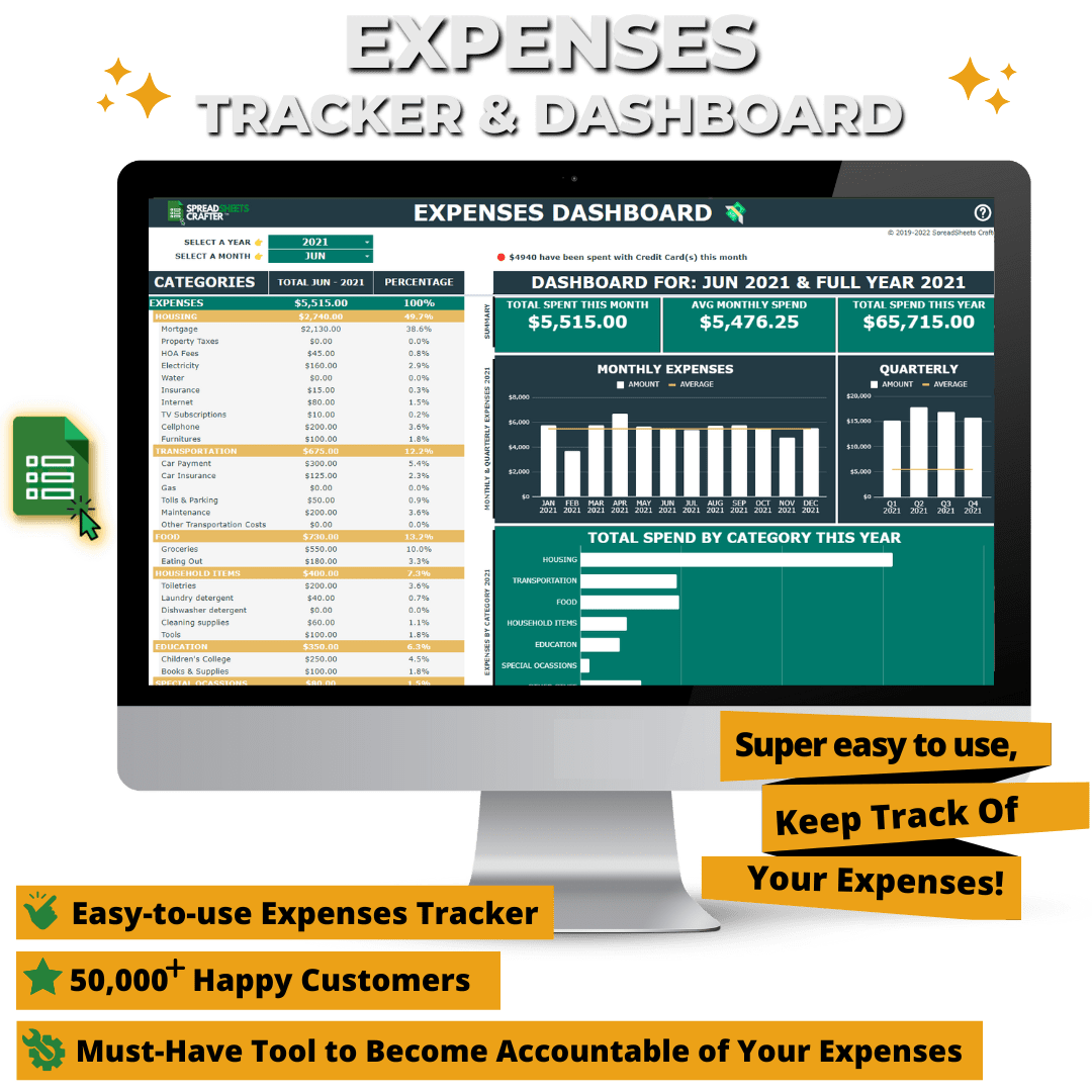 1 Expense Tracker & Dashboard - Become Accountable of your Spending Habits with this Easy to use Spreadsheet - Spreadsheets Crafter - Excel and Google Sheets