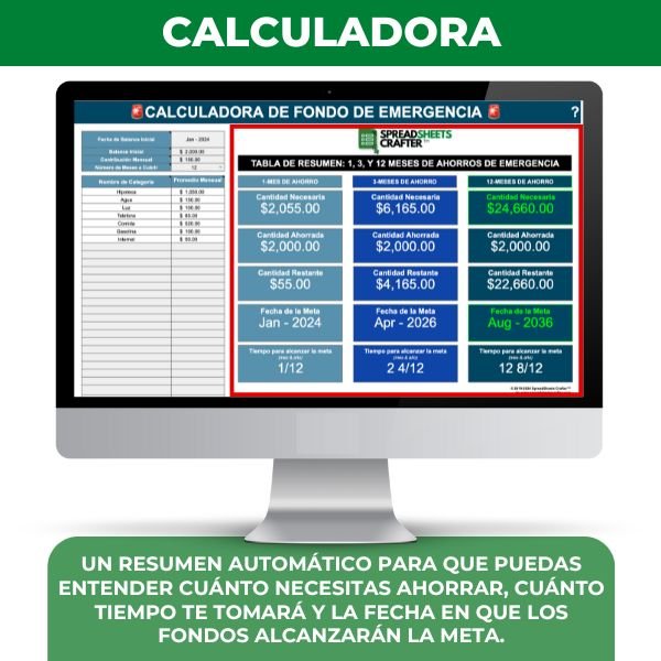 1 Fondo de Emergencia - Calculadora y Rastreador Automático - Spreadsheets Crafter - Excel and Google Sheets