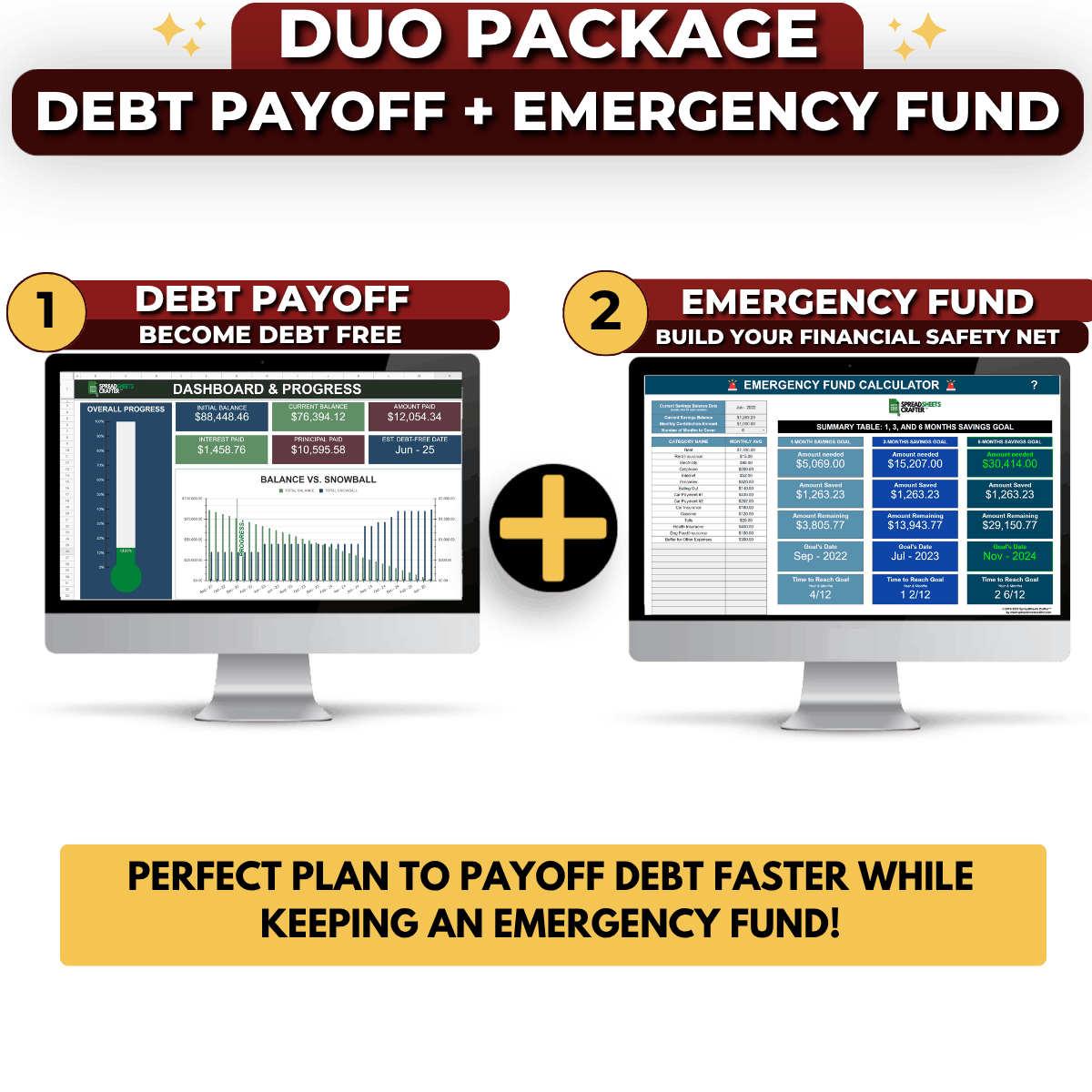 Bundle: Debt Payoff + Emergency Fund Calculator - Payoff Debt Faster  - Spreadsheets Crafter - Excel and Google Sheets