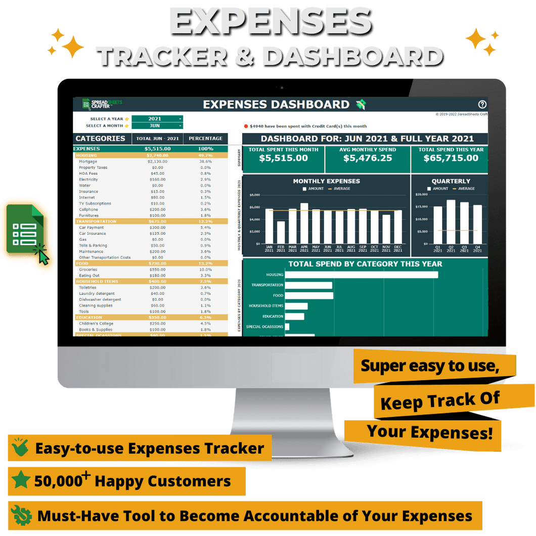 #1 Expense Tracker & Dashboard - Become Accountable of your Spending Habits with this Easy to use Spreadsheet