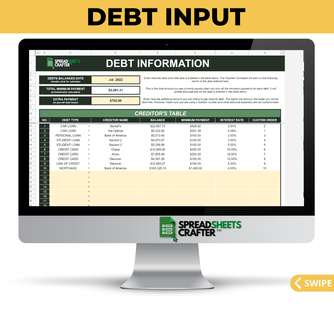 1 Debt Payoff Calculator & Tracker - Reach a Debt - Free Lifestyle Faster than Ever with this Simple to Use Spreadsheet - Spreadsheets Crafter - Excel and Google Sheets
