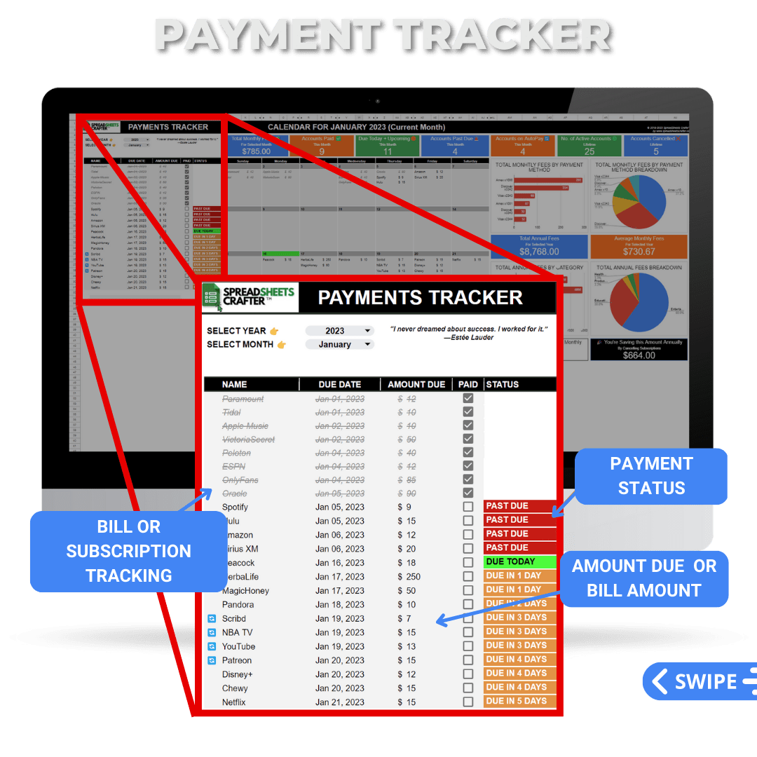 2026 Subscriptions Tracker (Valued at $74.95USD) - Spreadsheets Crafter - Excel and Google Sheets